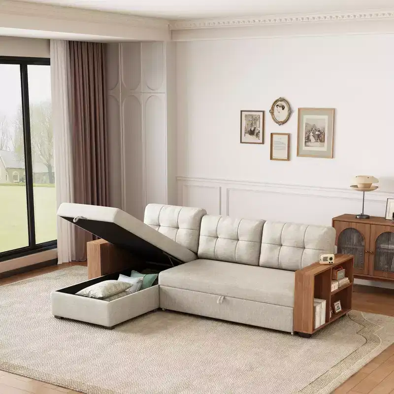 GDFStudio Leila Multi-Functional 84 Linen Upholstered Twin Size Storage Sectional Sofa Bed with Bultied in Shelves