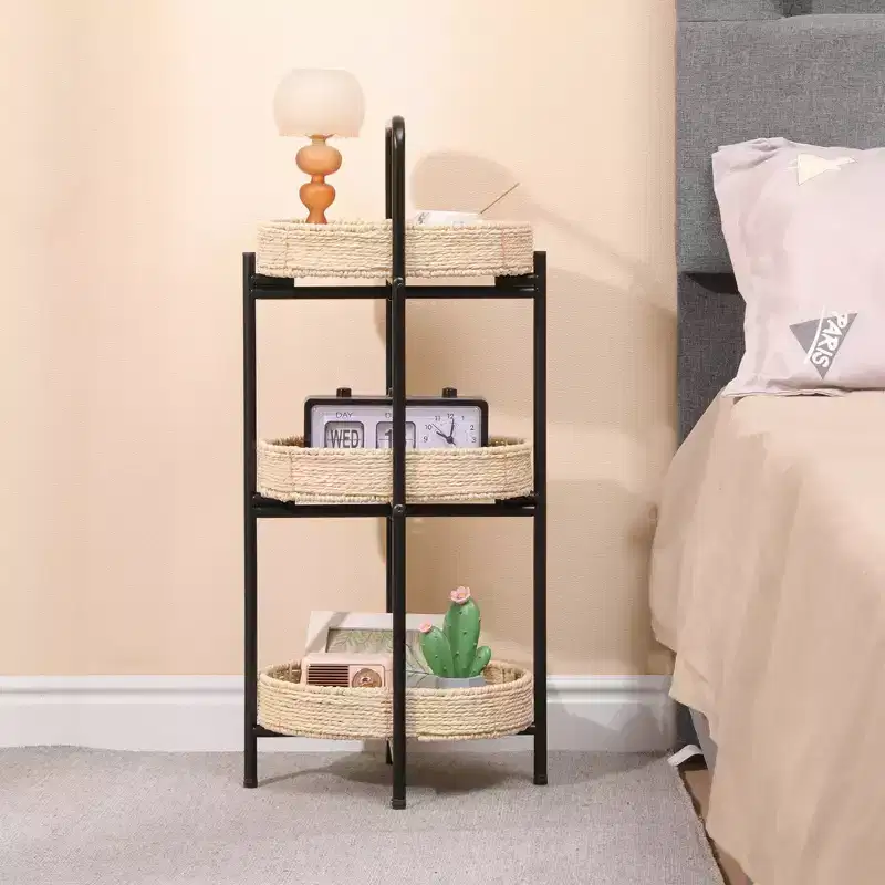 3 Tier Paper Rope Woven Tray Table Oval Storage Basket Shelves for Living Room Kitchen Natural