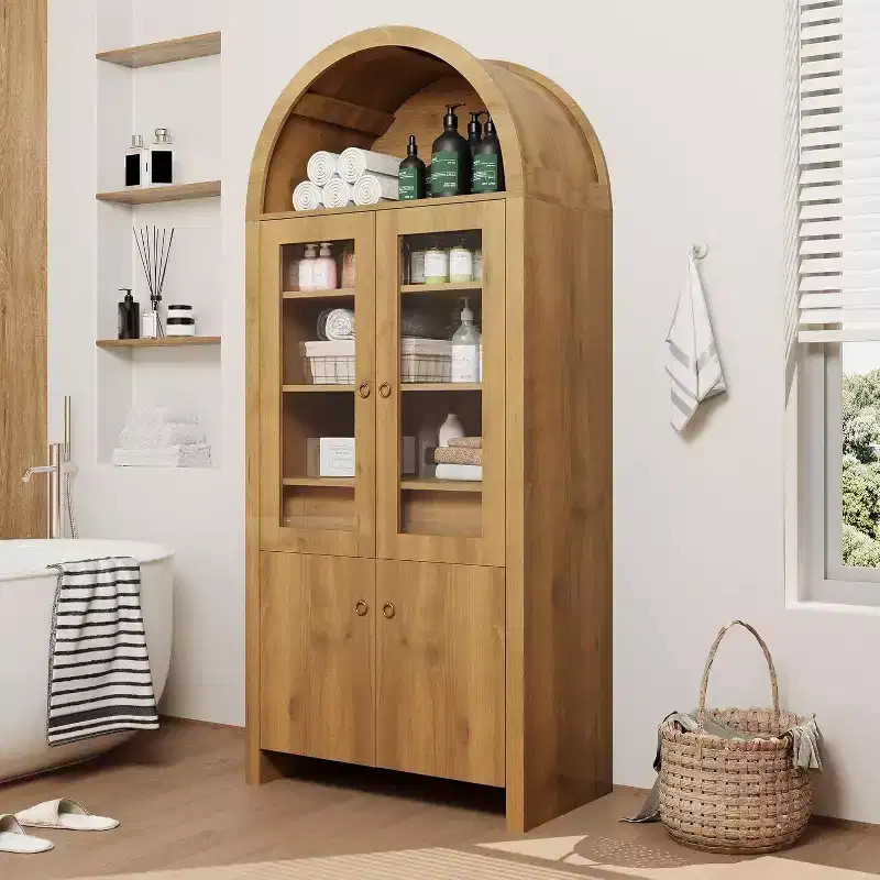 Tall Arched Pantry Cabinet, Farmhouse Kitchen Arched Bookcase Cupboard Storage Cabinets with a Hidden Drawer Adjustable Shelves, Natrual Oak