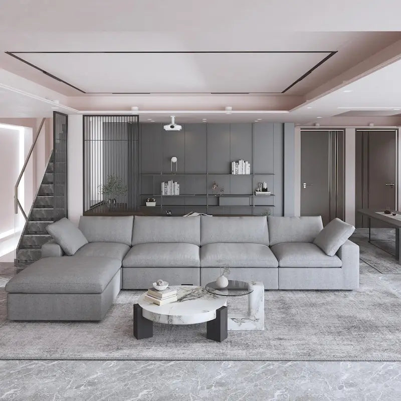 160.6 Modern Linen Sectional Sofa4-seater Modular Couch with Storage Ottoman for Living Room.