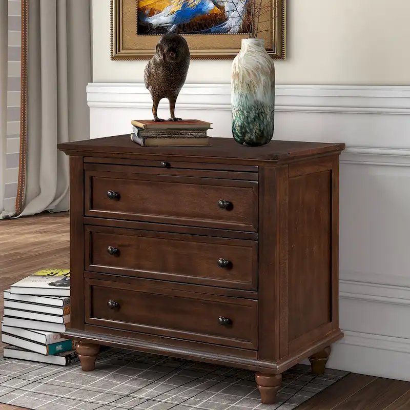 Solid Pine Wood End Table with Pull-out Tray and 3 Drawer, Easy Assembly