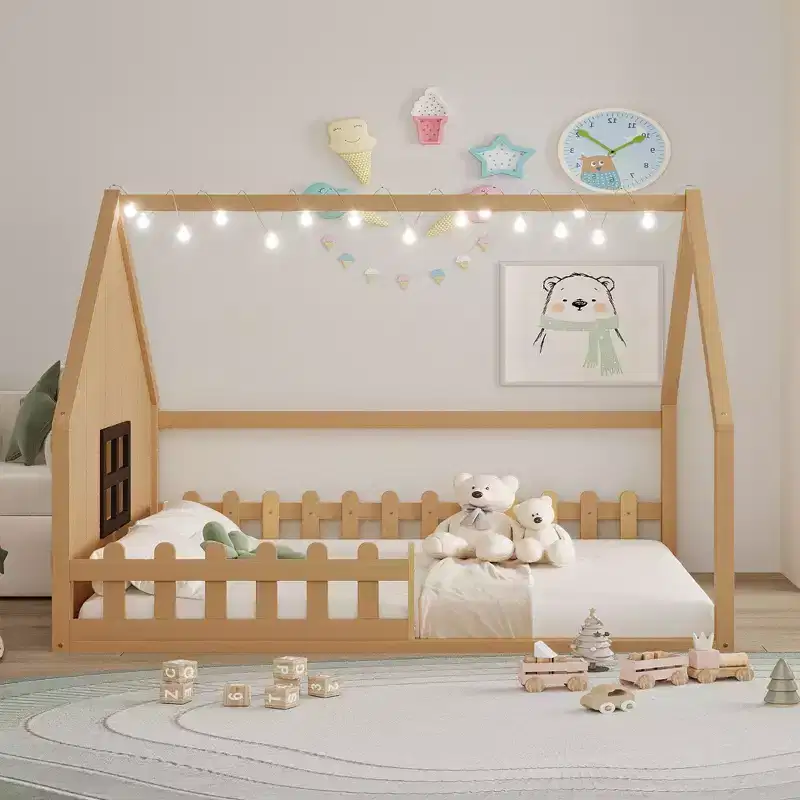 Full Size Bed Frame with Storage Headboard, Solid Wood Full Wood House Platform Bed with Window and Fence for Bedroom, Natural