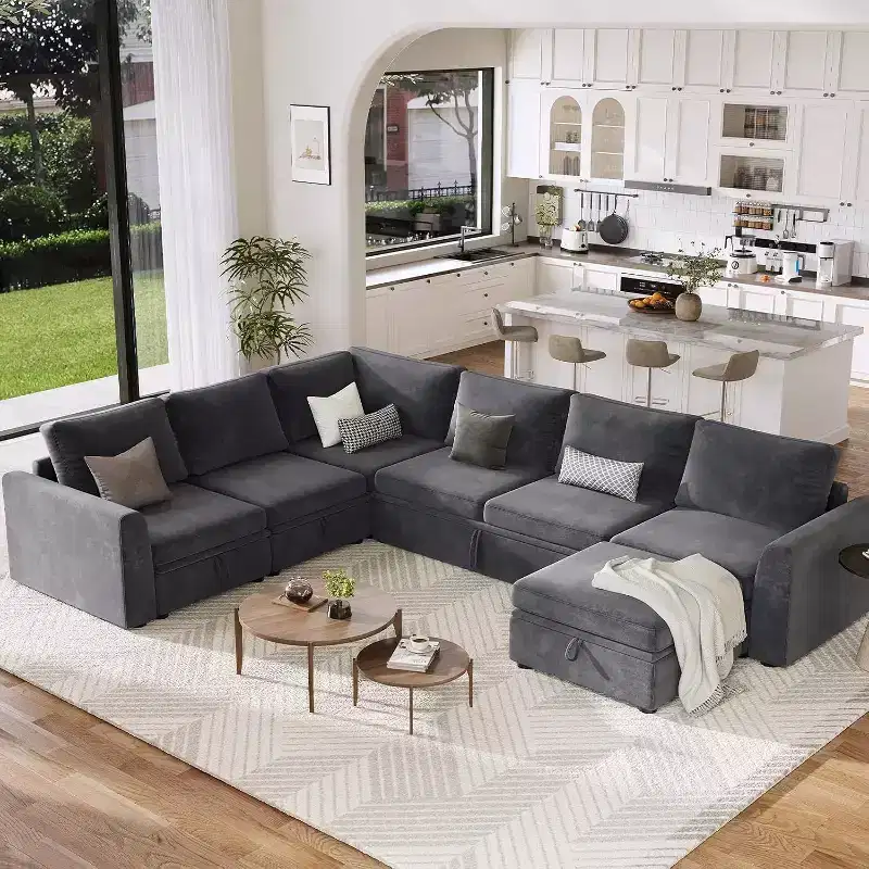 Acekool U-Shaped Chenille Sectional Sofa, Gray | Pull-Out Bed, 6-Piece Set with Ottoman & Hidden Storage | 44 Seat Depth