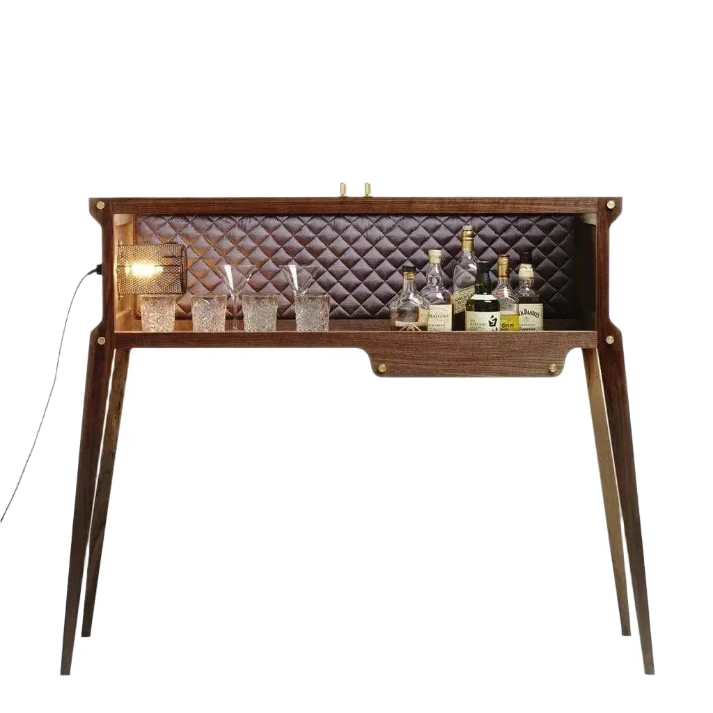 Artisan Solid Walnut & Brass Bar Cabinet with Knurled Fittings & Quilted Silk Panel for Living Room