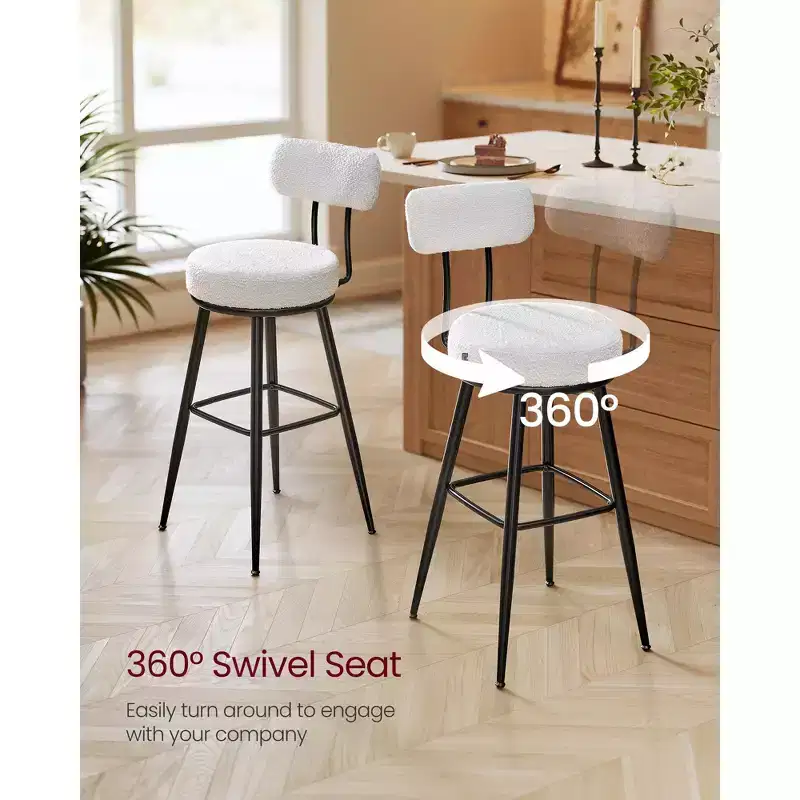 Set of 2 Modern Swivel Bar Stools with Boucle Fabric, 360 Rotation and Wide Seat, 30.1 Bar Height Stools with Backrest, Cloud White