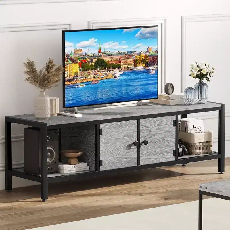 Industrial TV Stand for TVs up to 75 Inch, Entertainment Center with Push Open Doors, Farmhouse Console Table with Open Storage Shelves, 65.8 Inch, Rustic Brown