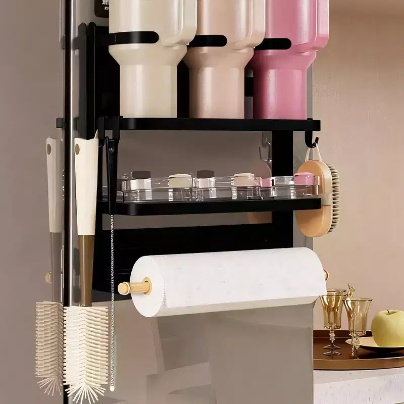 Magnetic Cup Holder for Refrigerator Side C Foldable Space-Saving Organizer with Shelf & Hooks, Holds 3 Large Cups, Sturdy Carbon Steel