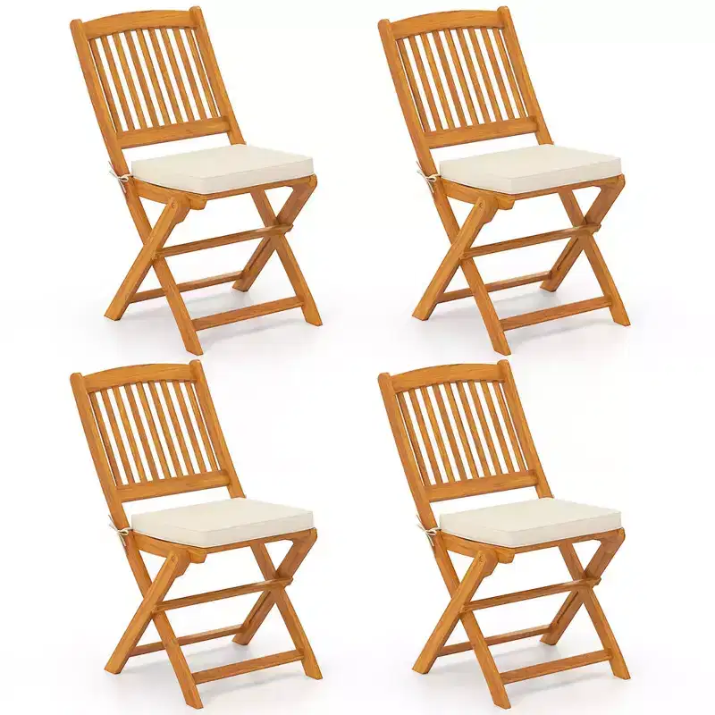 Costway Outdoor Folding Chairs Set of 4 Acacia Wood High-Back Chair with Seat Cushions Beige/Navy/Red