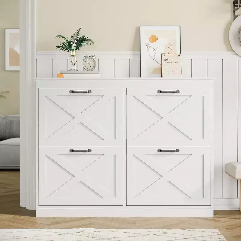 GustoWave 4 Turn Drawers Rattan Entryway Shoe Storage Cabinet, Freestanding Organizer, White