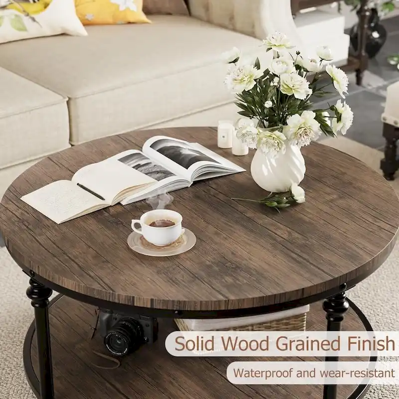 Round Coffee Table with 2-Tier Shelf, 30.31