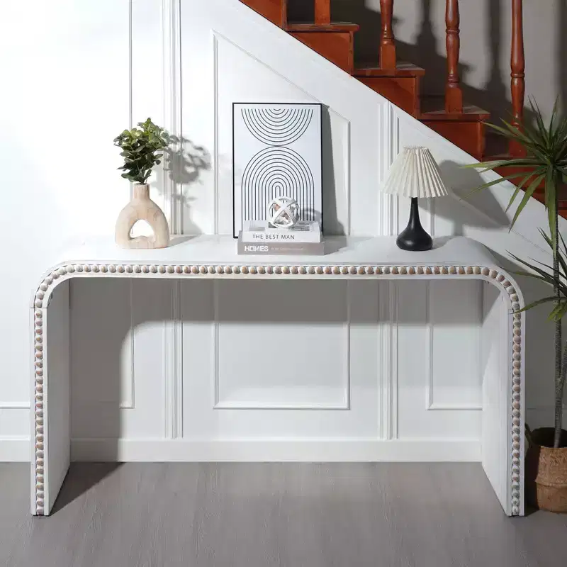 Okak 59IN Waterfall-Style Entryway Table with Wood Beads, Console Table with Minimalism Design, Accent Table for Hallway, Living Room, White