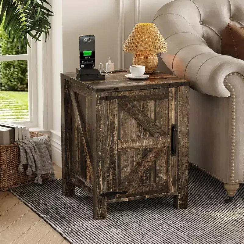 2Pcs Farmhouse Nightstand with Charging Station, Rustic Barn Door Bedside Table with Adjustable Shelf, Small End Table for Bedroom and Living Room