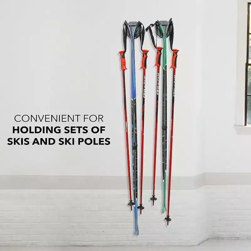 Wall Mounted Ski Rack, Holds 2 Pairs of Skis & Skiing Poles or Snowboard, 2 Hooks