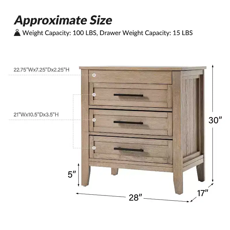 Yaran 3 Drawer Nightstand-BLACK