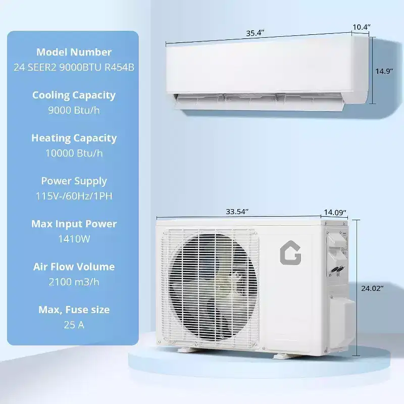 Acekool 9000 BTU Mini Split AC & Heat Pump, 24 SEER2 Inverter, WiFi/Alexa, Ductless System for Rooms up to 450 Sq Ft, 208/230V with Install Kit
