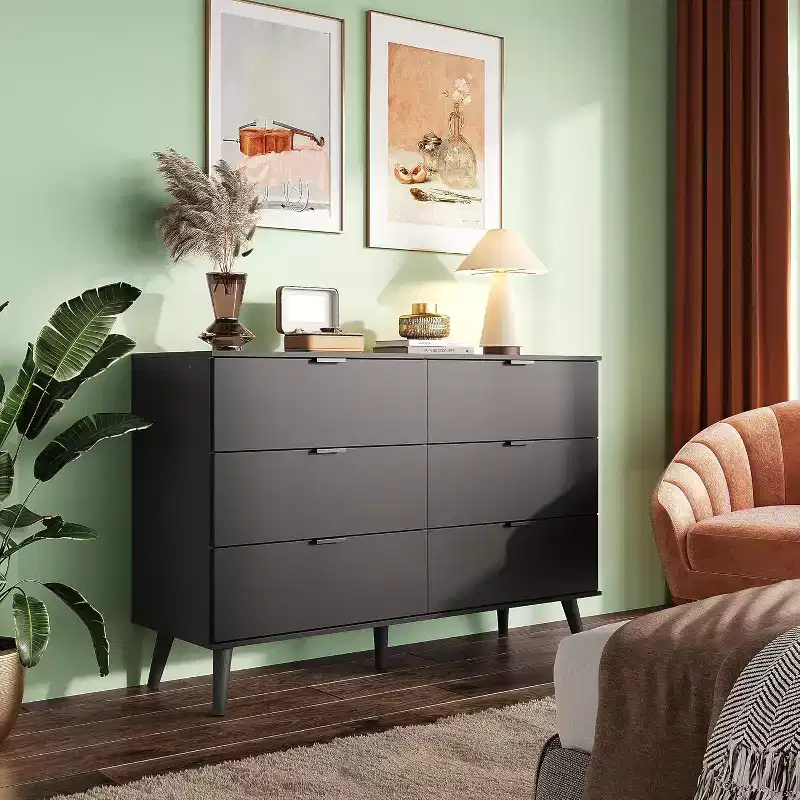 GALAXHERO 6 Drawer Wood Dresser, 47.24 Wide Storage Organizer with Metal Handles, TV Stand for 55 TV, Bedroom, Living Room, Hallway, Closet
