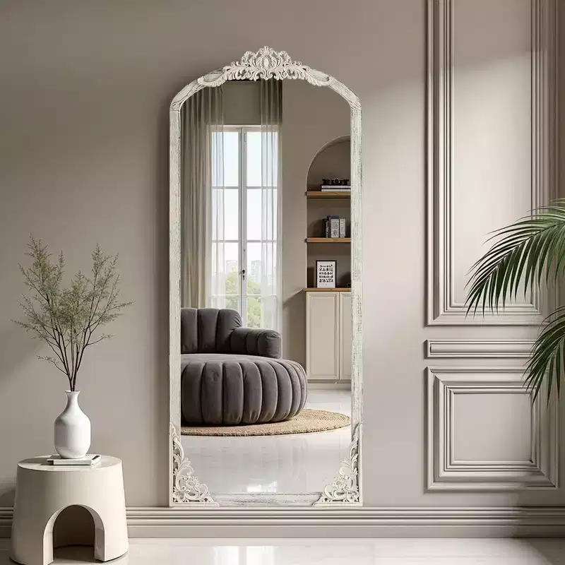 Solid wood carved flower straight-angle micro-curved weathered white full-length mirror (without stand)