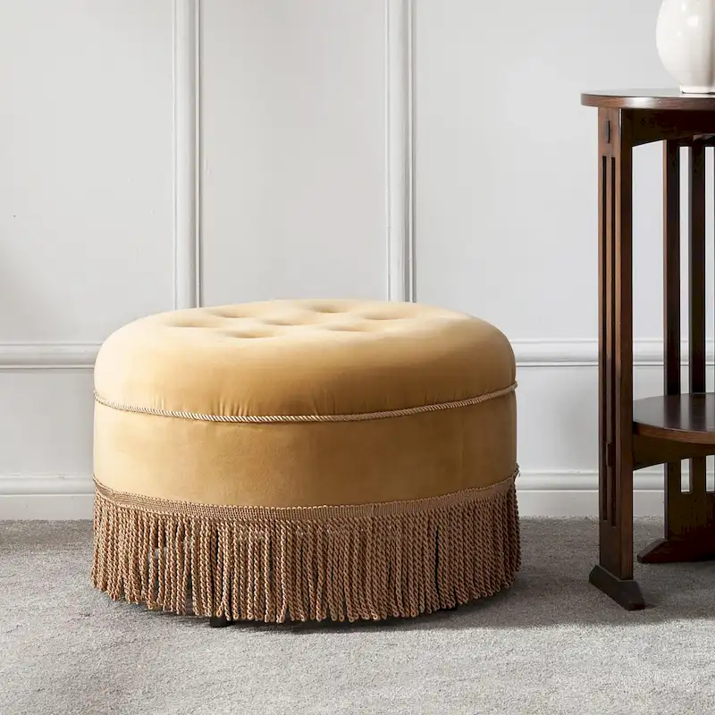 Velvet Round Accent Ottoman with Tassel Fringe, Vintage Tufted, Single Seat