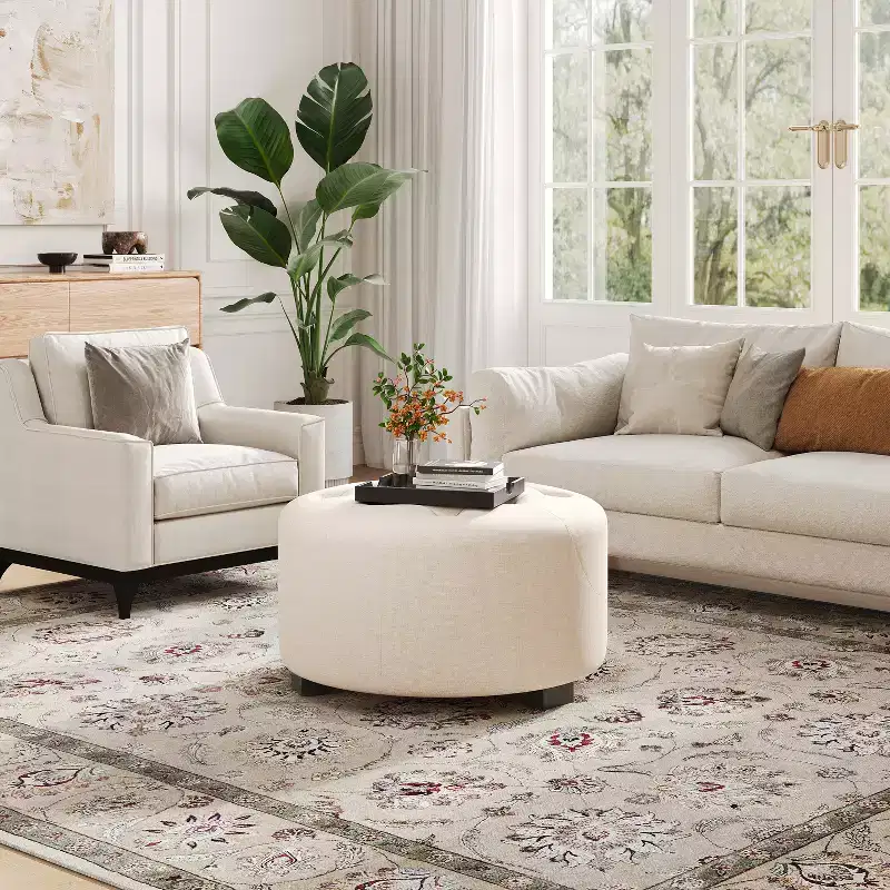 Round Button Tufted Ottoman, PU/Linen Upholstered Footstool with Birch Wood Legs