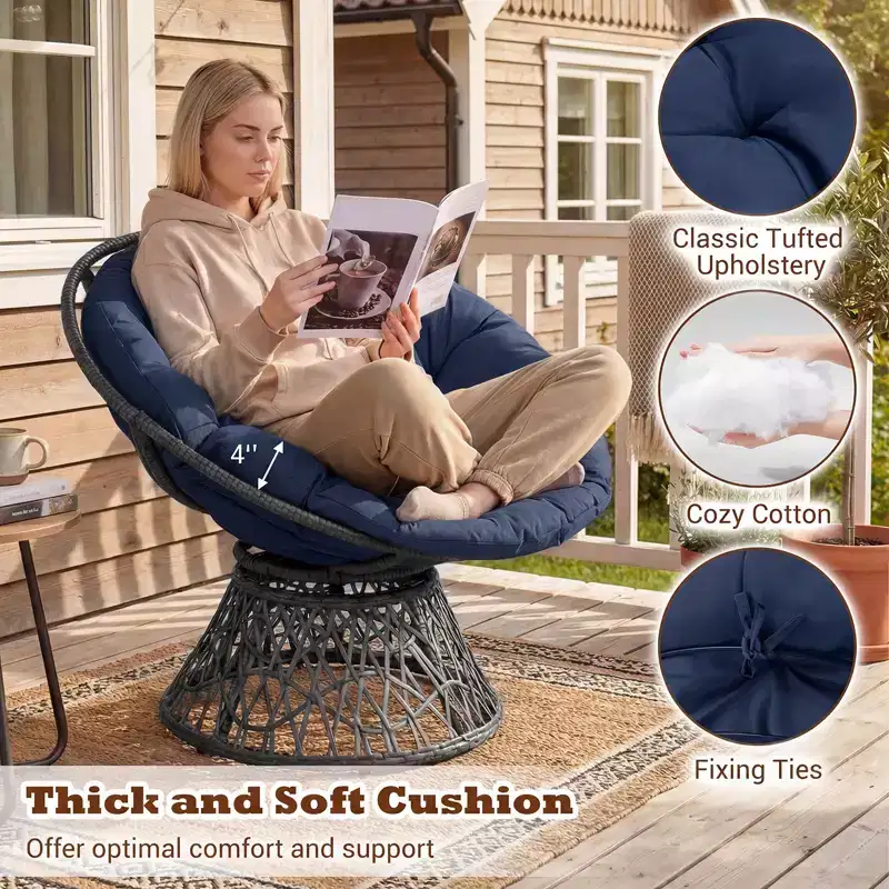 Gymax 360-DegreeSwivel Papasan Chair Round Wicker Lounge Chair w/Thick Cushion&Metal Frame