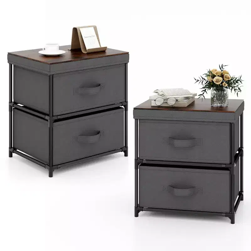 Costway 2PCS 2 Drawer Dresser Fabric Storage Organizer Nightstand Bedside Sofa Table