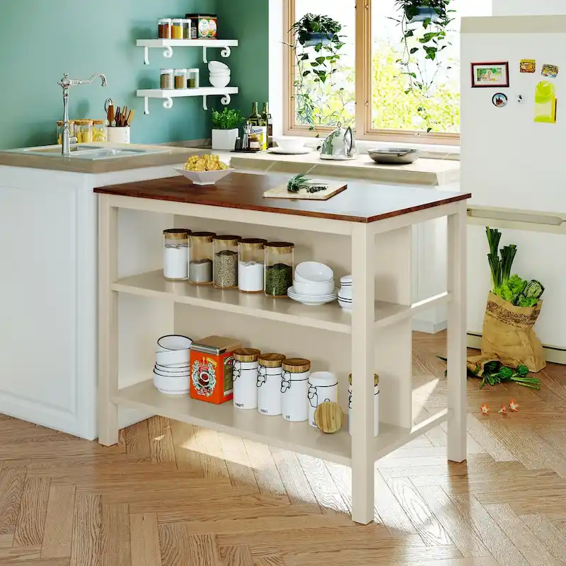 Solid Wood Rustic 45 Stationary Kitchen Island, Rubber Wood Butcher Block Dining Table Prep Table with 2 Open Shelves
