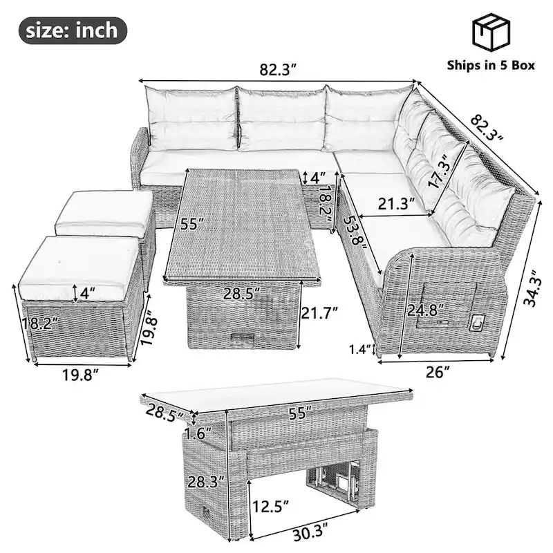 Outdoor Rattan Sectional Sofa Set with Adjustable Table & Recliners