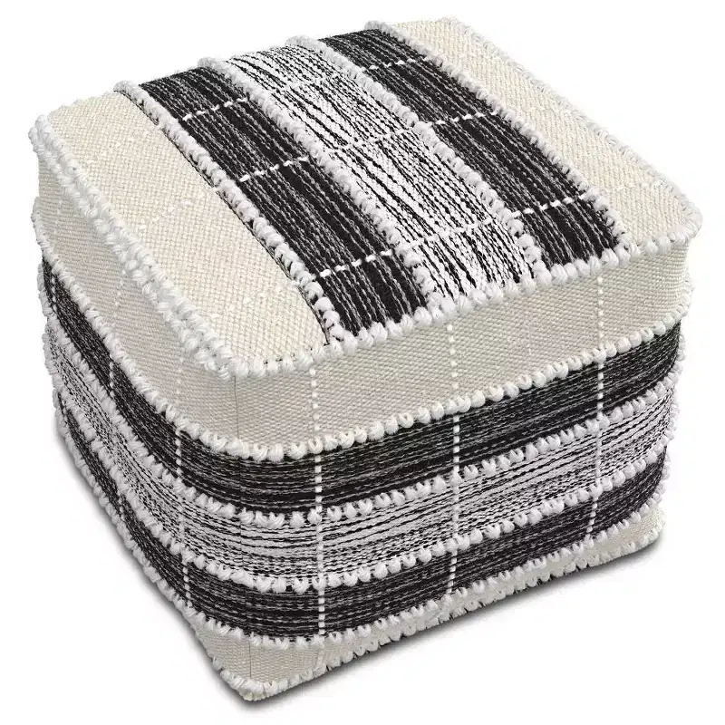 Square Woven Pouf - White/Beige/Black, Indoor/Outdoor, UV Resistant, 250lb Capacity