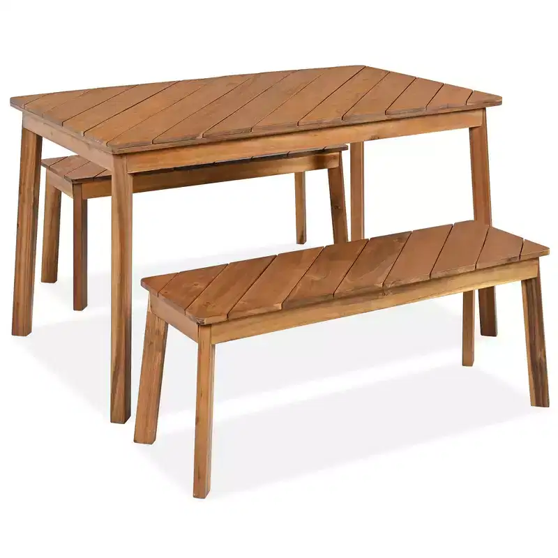 MAYEERTY Dining Set 3 Piece Acacia Table 2 Benches Indoor Outdoor Natural for Patio Garden