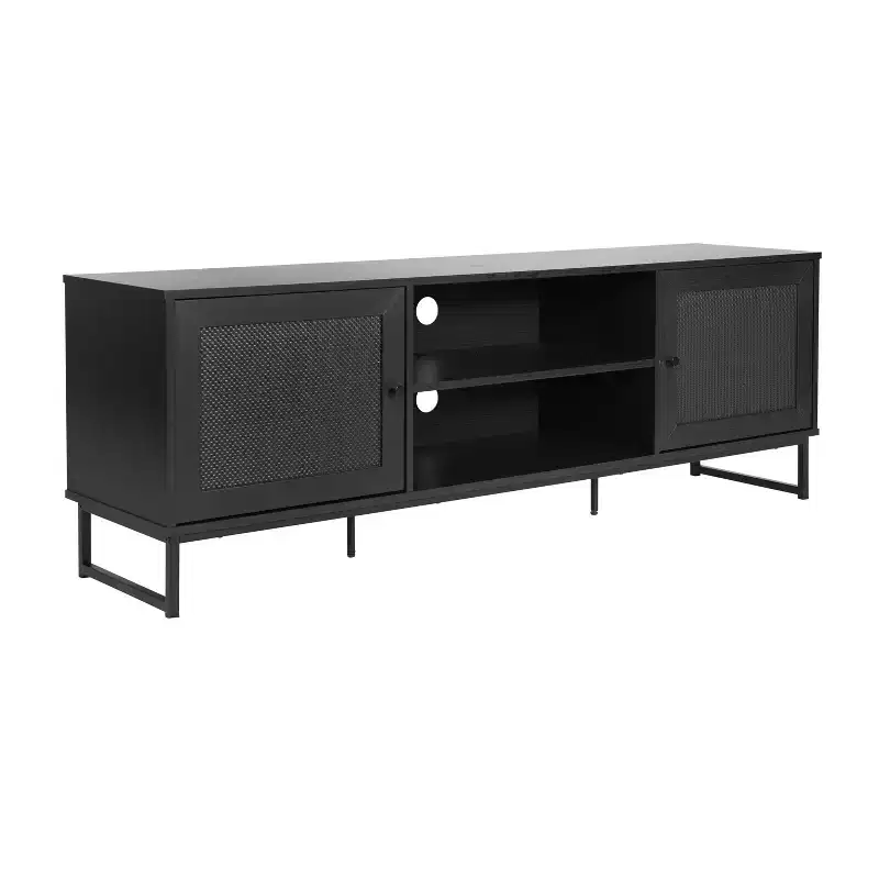 Mid-Century Modern 65 Inch TV Stand with 2 Rattan Soft Close Doors and Fixed Center Shelf, TV Stand for up to 70 TV's