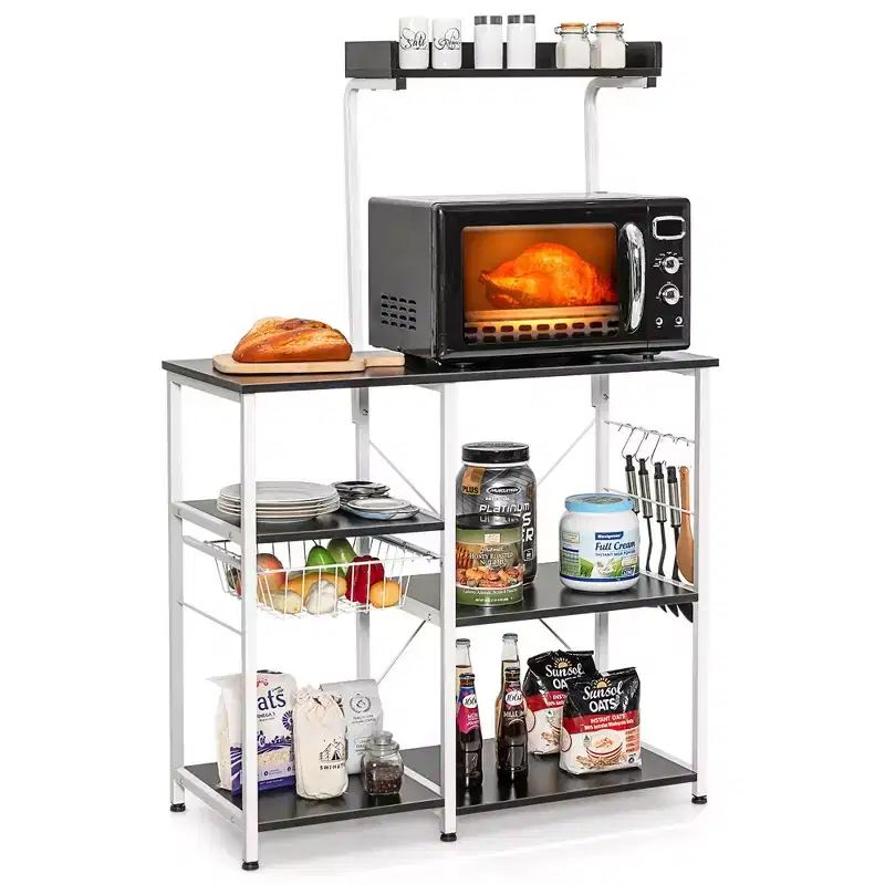 4-Tier Vintage Kitchen Baker's Rack Utility Microwave Stand w/ Basket & 5 Hooks