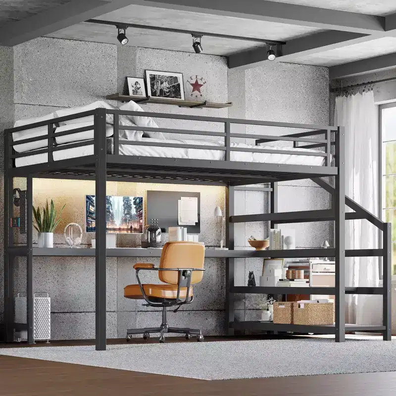 Queen Loft Bed with Desk and Storage Stairs Metal Loft Beds with LED Lights USB Ports Multifunctional Iron Nets No Spring Box Black