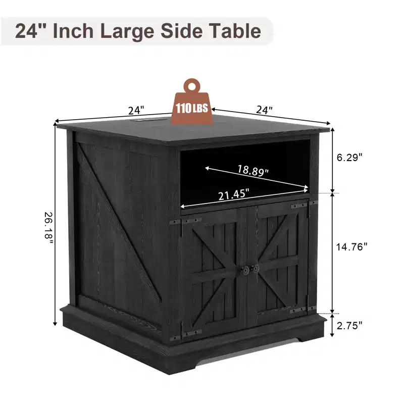 24 Inch Nightstand with Charging Station, Farmhouse End Table with 2 Drawers & Adjustable Shelf, Solid Wood Legs Bedside Table