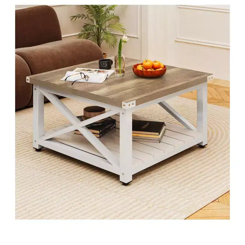 Square Farmhouse Coffee Table with Storage, Rustic Wood Center Table