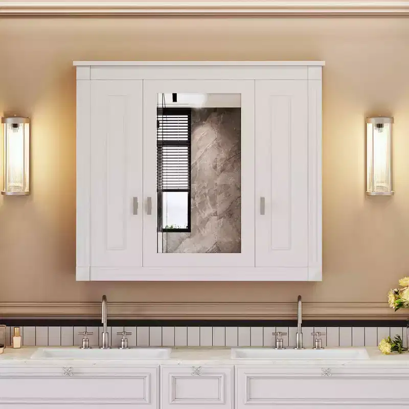 Bathroom Medicine Cabinet with 5 Adjustable Shelves, Wall Mounted Storage Cabinet with Glass Doors — White