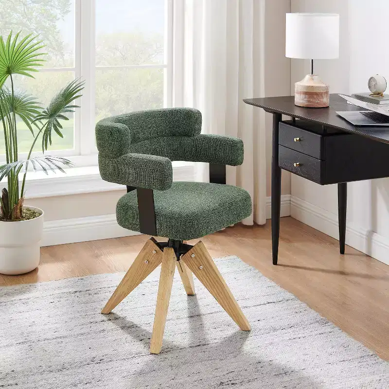 Desk Chair No Wheels, Mid Century Modern Swivel Arm Chair, Fabric Upholstered Side Chair with Oak Wood Legs