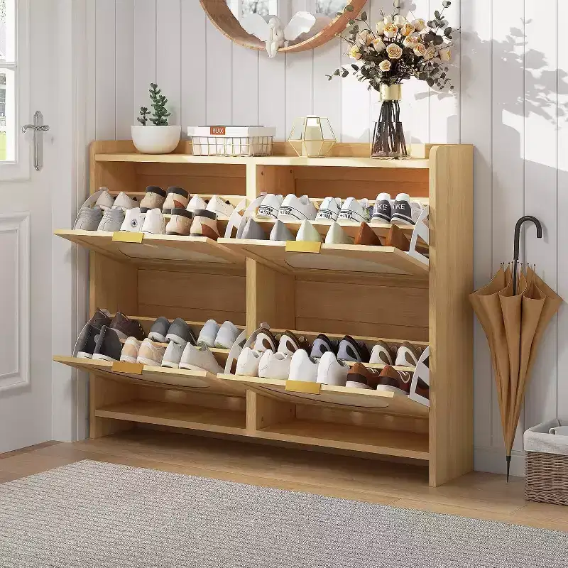 4 Flip-Drawer Shoe Storage Cabinet - Free Standing Narrow Organizer with Rattan Doors for Entryway & Hallway