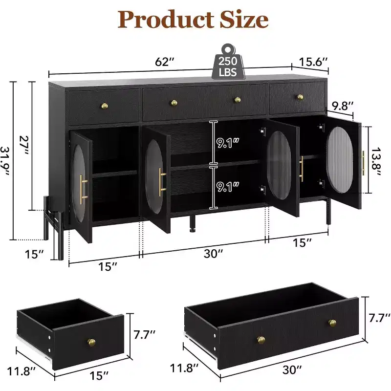 62 Large Sideboard with Storage and 3 Drawers, Self-Service Coffee Bar Storage Cabinet with 4 Glass Doors for Dining Room, Living Room, Kitchen