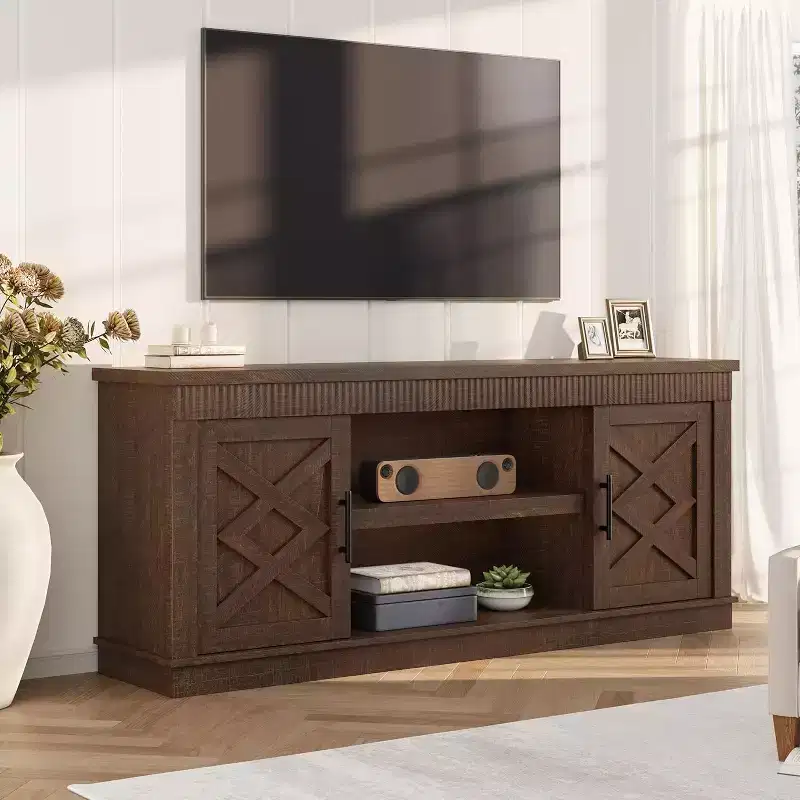 COZONY Fluted Barn Door TV Stand Farmhouse Entertainment Center with Storage for Living Room