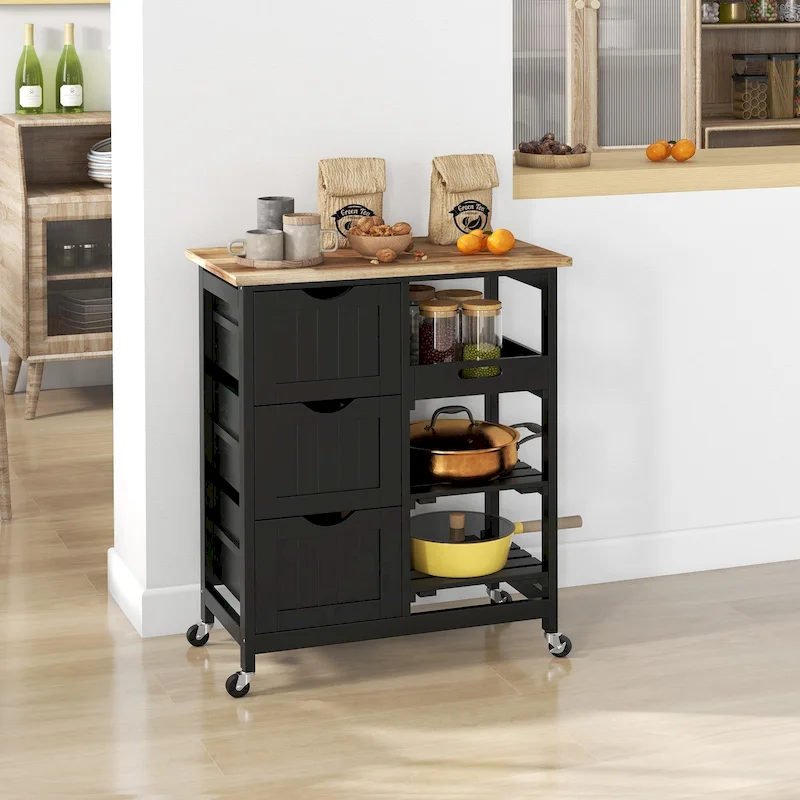 Rolling Kitchen Island Cart with Wood Top, Shelves and Drawers
