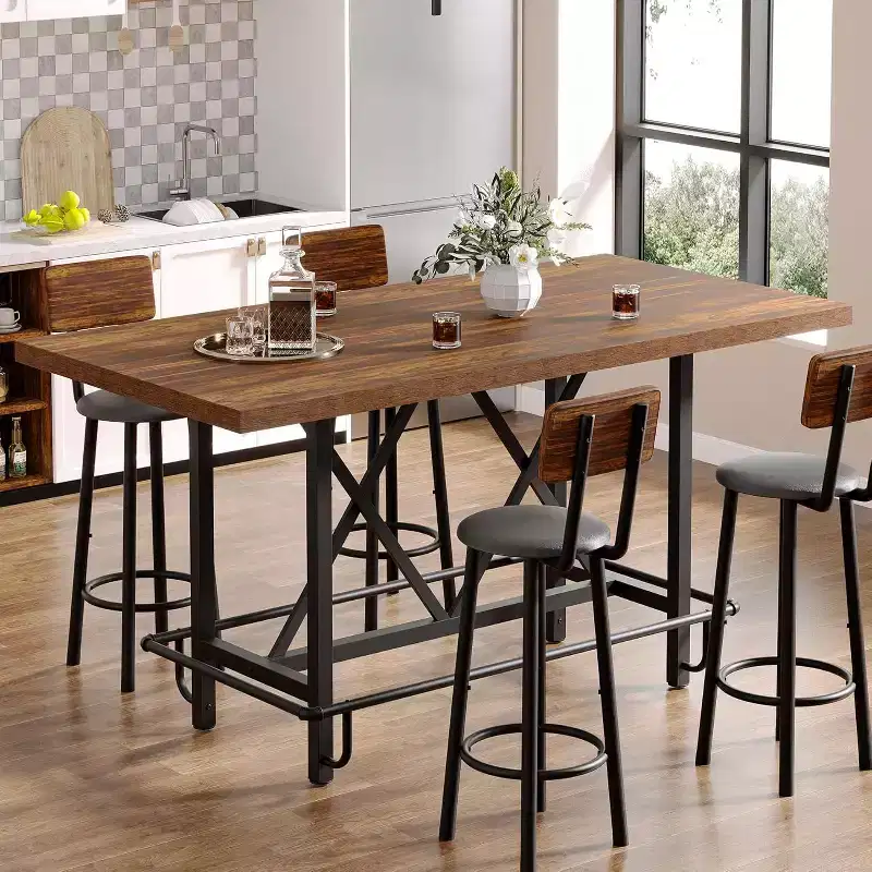 Lantine 63-Inch Bar Table, Industrial Counter Height Pub Table with Metal Footrest for Dining Room, Home Bar, Brown