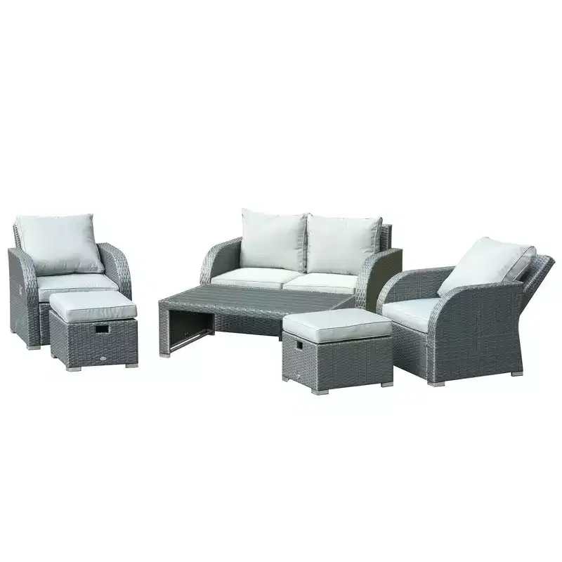 6-PCs Patio Furniture Sets Outdoor Wicker Sofa Set Rattan Angle Adjustable Recline Single Chair Conversation Set, Ottomans