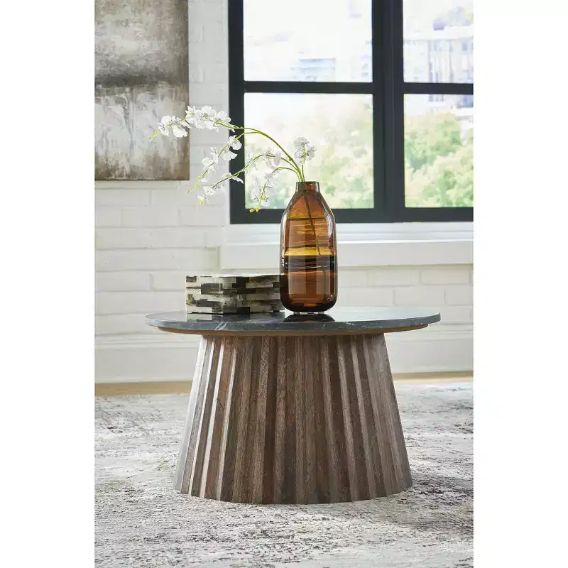 Signature Design by Ashley Ceilby Round Coffee Table with Marble Top, Black/Brown