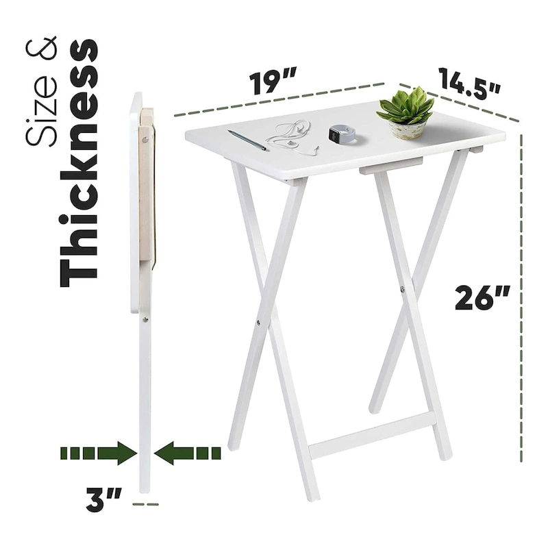 PJ Wood Solid Wood Compact Folding TV Tray and Snack Tables, White, 2 Piece Set - 18.44