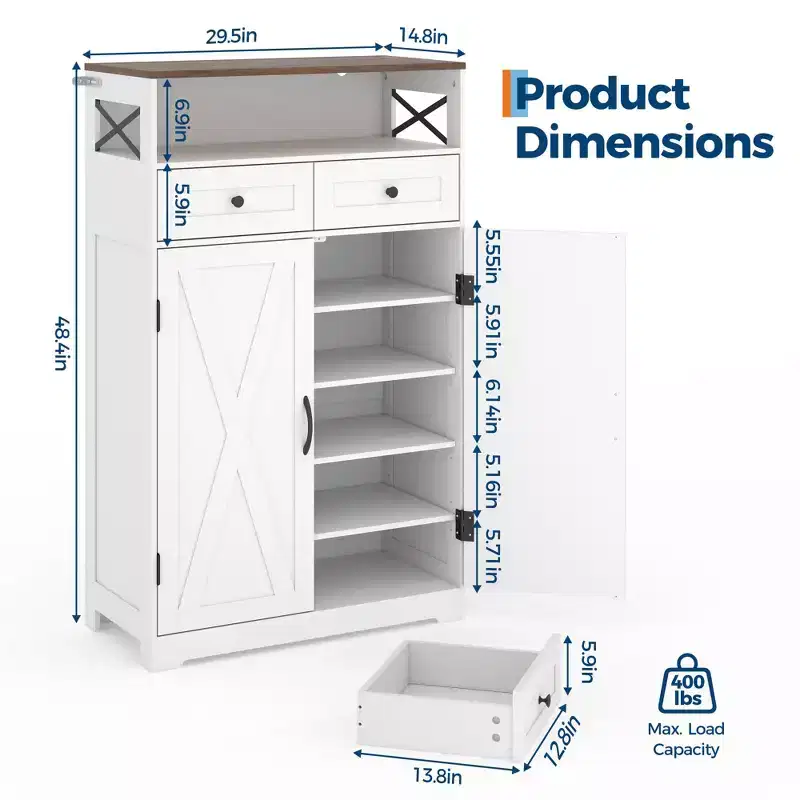 Modern Farmhouse Style Shoe Cabinet, Narrow Freestanding Shoe Rack Storage Cabinet with Drawers and Adjustable Shelves, Suitable for Foyer Storage