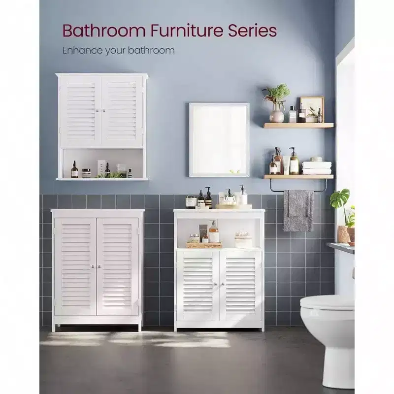 Floor Storage Cabinet, Freestanding with Double Shutter Doors, Adjustable Shelf, White for Living Room Entryway Kitchen