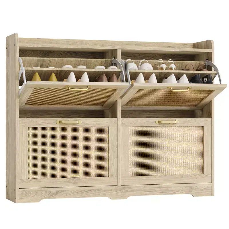 Rattan Shoe Storage Cabinet with 4 Flip Drawers, Wide Freestanding Wood Shoe Organizer Cabinet