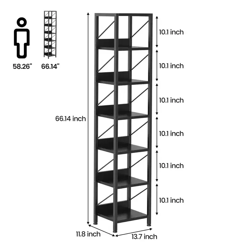 7-layer open bookshelf, mid-century industrial style bookshelf, metal frame, vertical storage display rack, suitable for small space, living room