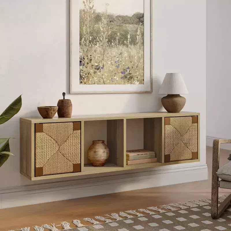 LuxenHome LuvenHome 42 Floating TV Cabinet, Wall-Mounted Media Console Entertainment Center with Woven Rope Door Panel, Oak Natural