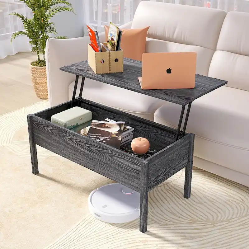 Modern Light Grey Woodgrain Lift Top Coffee Table Desk with Hidden Storage for Living Room
